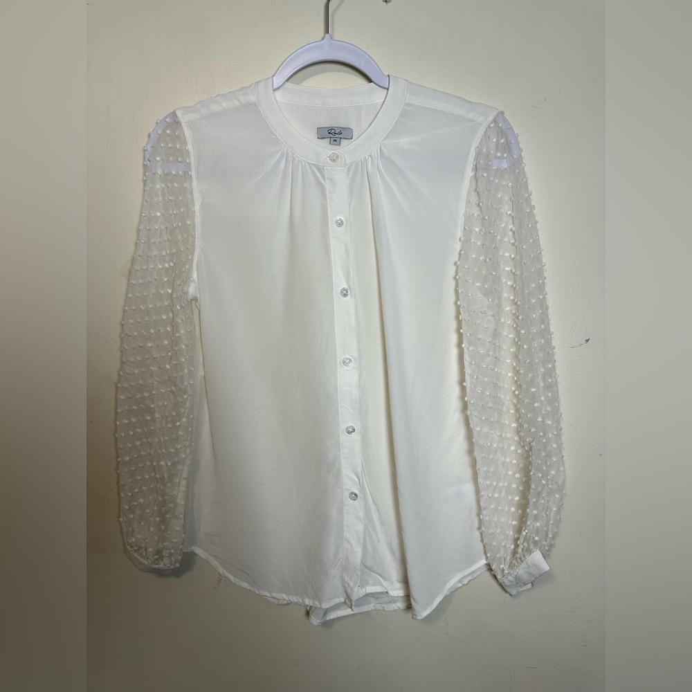 Rails Brand 100% Silk White Sheer Swiss Dot Sleeves‎ Blouse Size XS